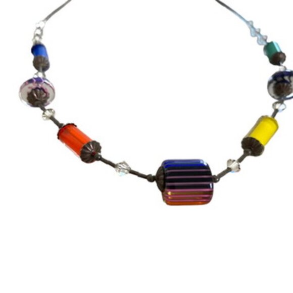 Sterling Silver Beaded Choker Rainbow Art Glass Necklace Modernist Jewelry Artsy - Picture 3 of 13